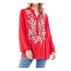 Luna Moon Women's Size Medium Red Embroidered Tunic‎ Top